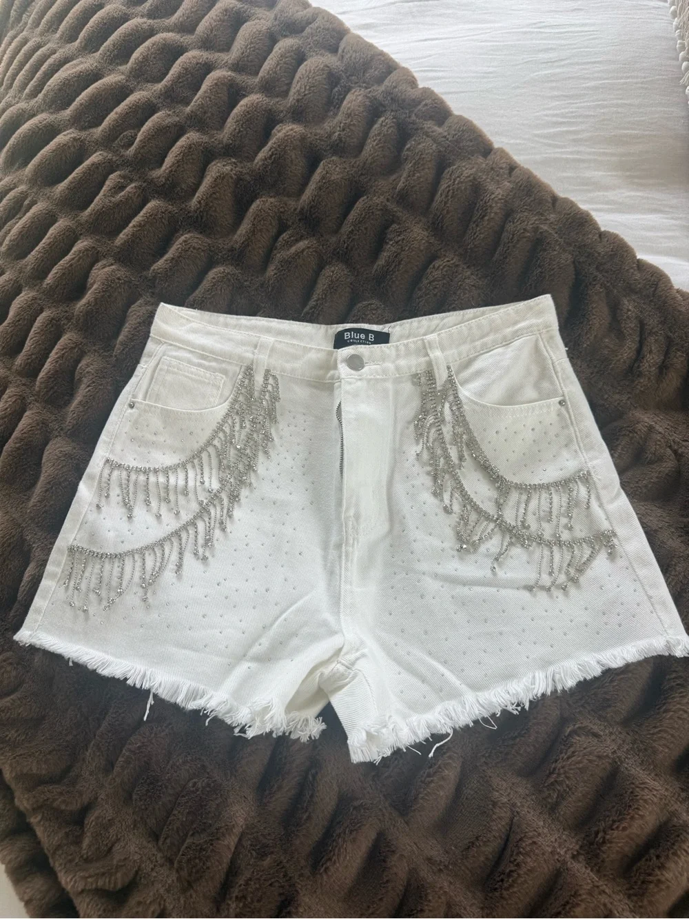White Embellished Fringe Denim Shorts
